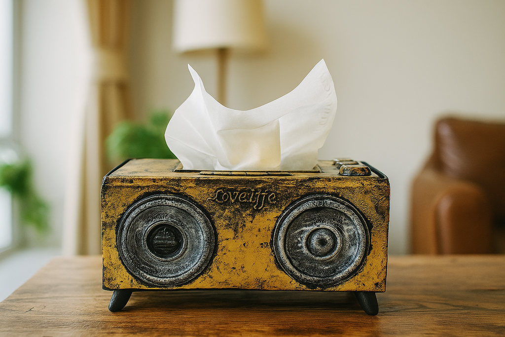 Retro Boombox Style Tissue Box Cover - Gold & Black Vintage Fiber Art