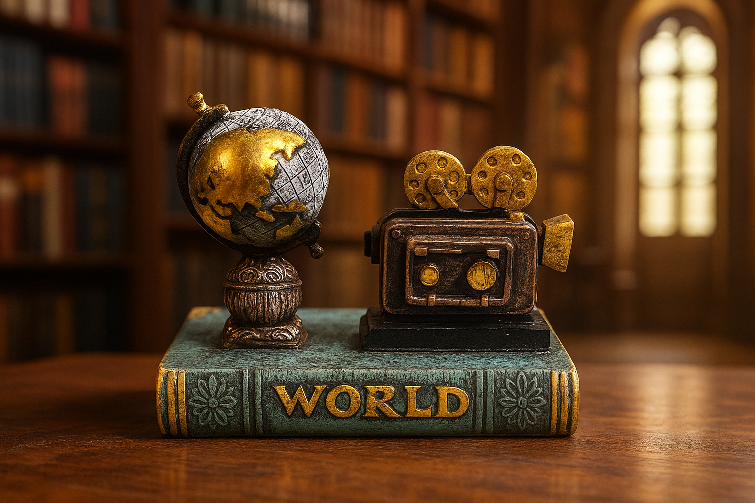 Vintage Film & Travel Decor Statue - Globe and Movie Camera on "WORLD" Book