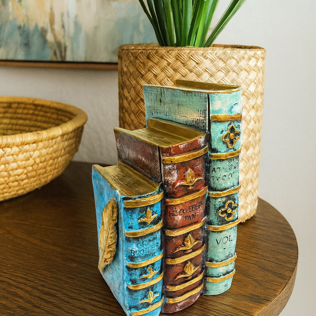 Decorative Stacked Antique Books Figurine - Vintage Library Fiber Art