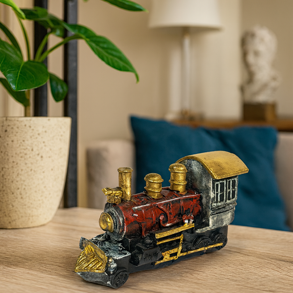 Antique Style Steam Train Figurine - Miniature Railroad Fiber Decor