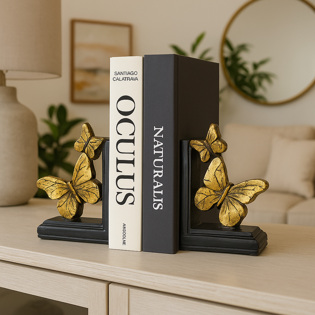 Gilded Butterfly Bookends - Elegant Black &amp; Gold Fiber Decor Set