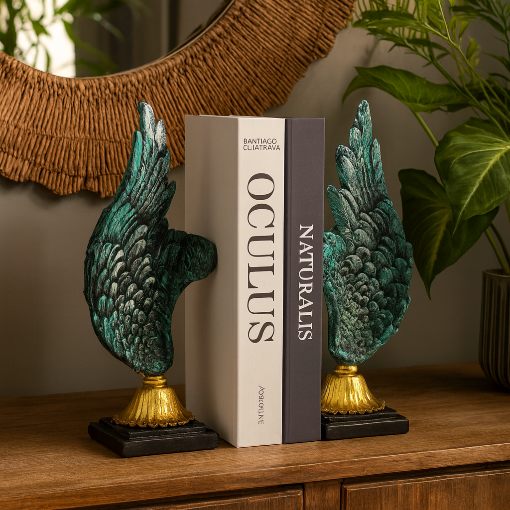 Gilded Angel Wings Bookends - Patina Fiber Decor Set