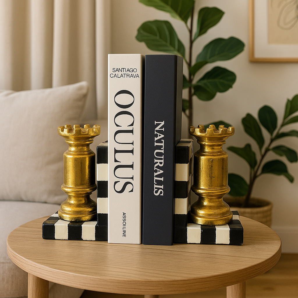 Gilded Rook Chess Piece Bookends - Decorative Fiber Set