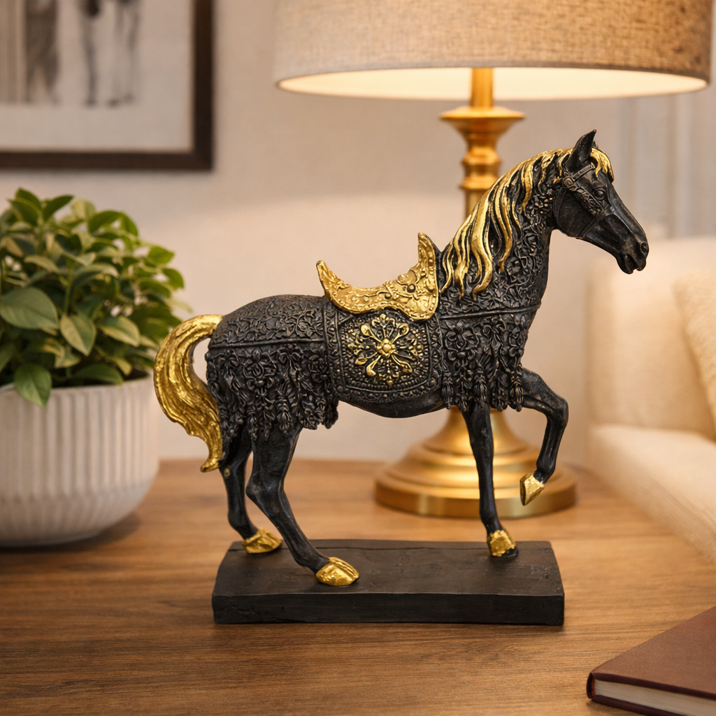 Black Horse with Golden Accents Figurine