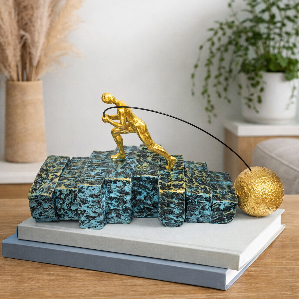 Golden Figurine Pulling Ball on Stairs