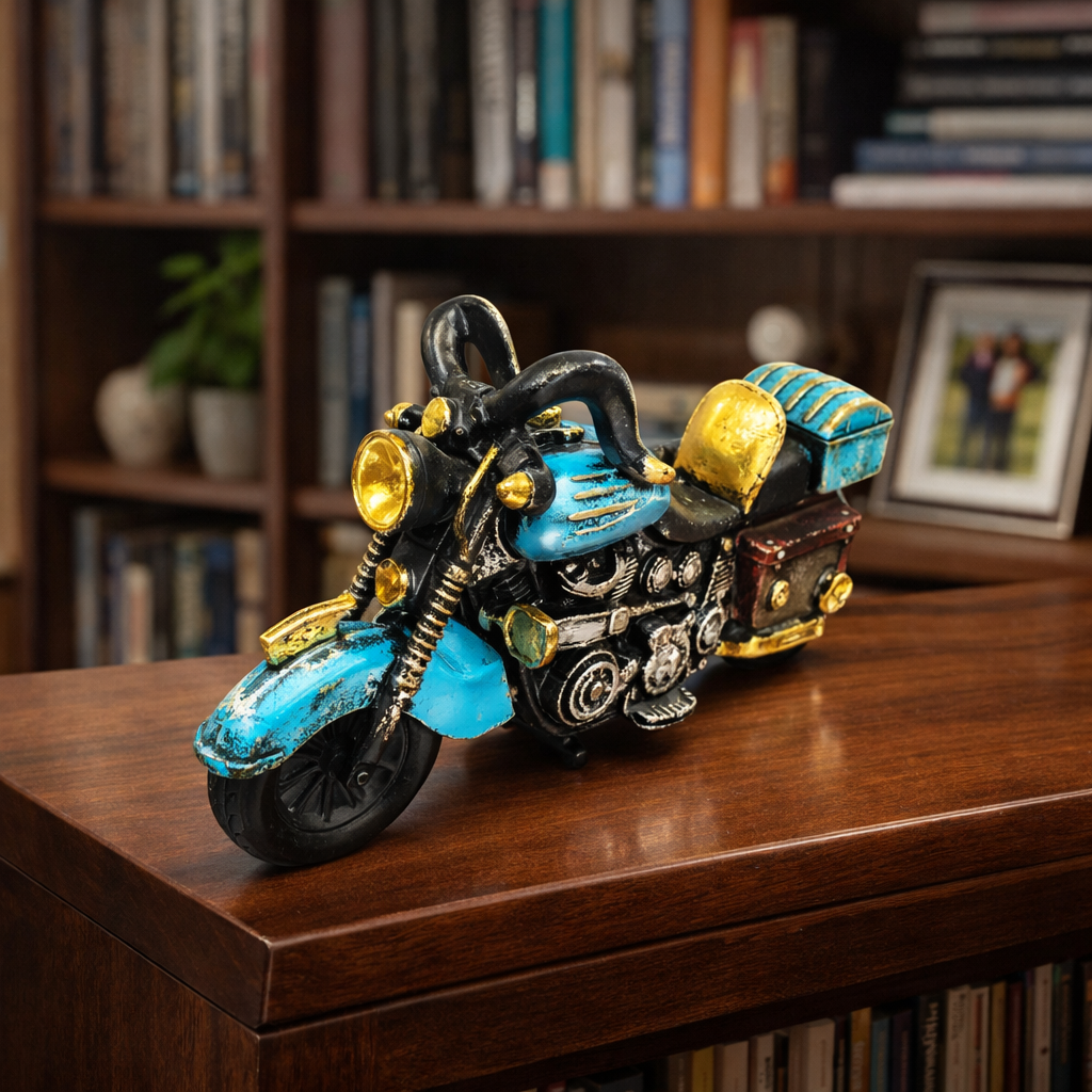 Vintage Cruiser Motorcycle Miniature Figurine - Distressed Fiber Decor