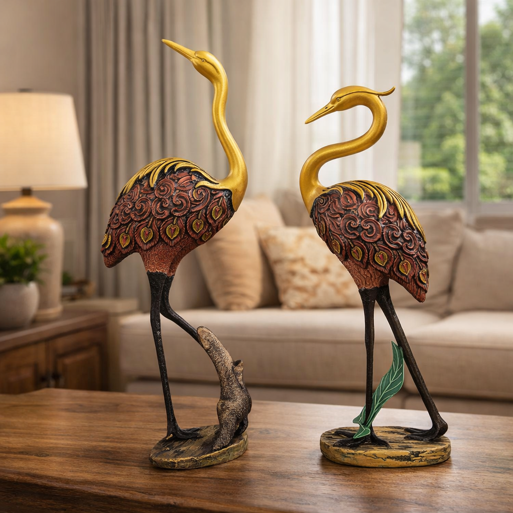 Elegant Golden Crane Couple Decorative Showpiece – Pair of Sculptures for Home Décor