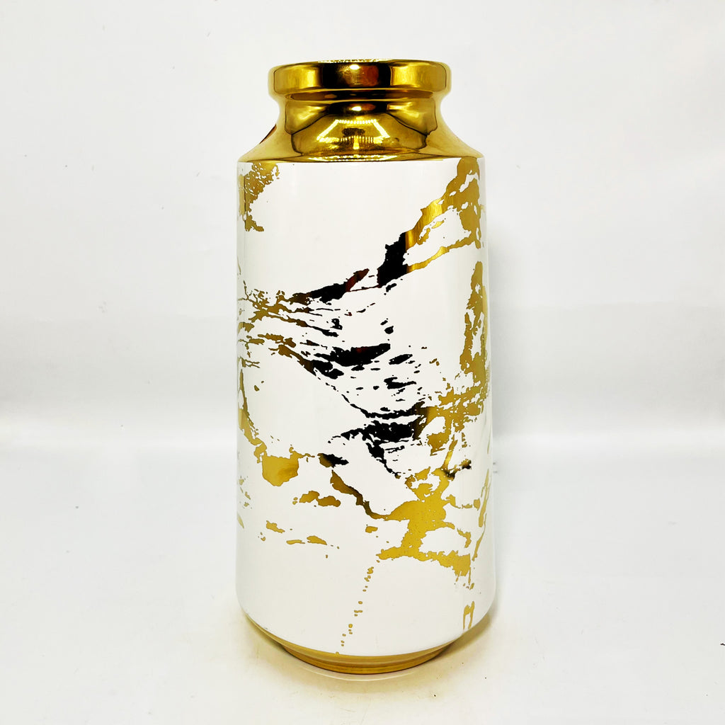 Modern Gold & White Marble-Patterned Ceramic Vase