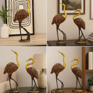 Elegant Golden Crane Couple Decorative Showpiece – Pair of Sculptures for Home Décor