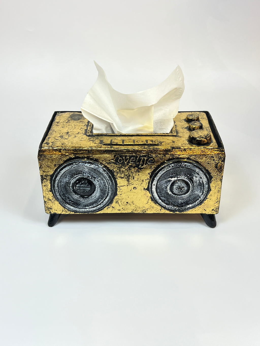 Retro Boombox Style Tissue Box Cover - Gold & Black Vintage Fiber Art