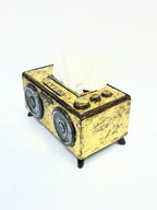 Retro Boombox Style Tissue Box Cover - Gold & Black Vintage Fiber Art