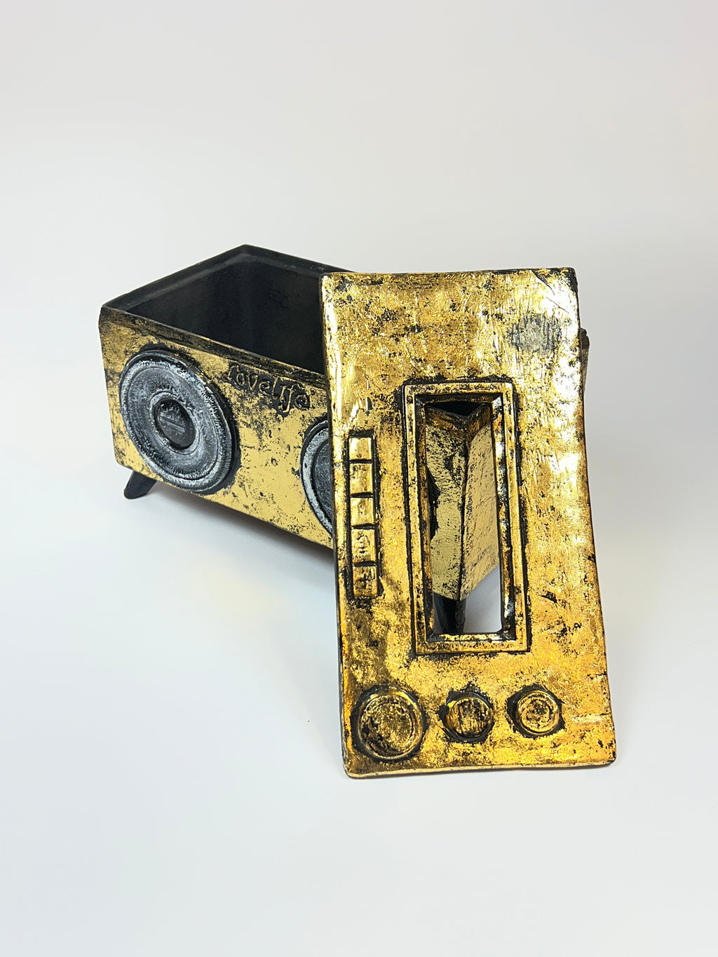Retro Boombox Style Tissue Box Cover - Gold & Black Vintage Fiber Art