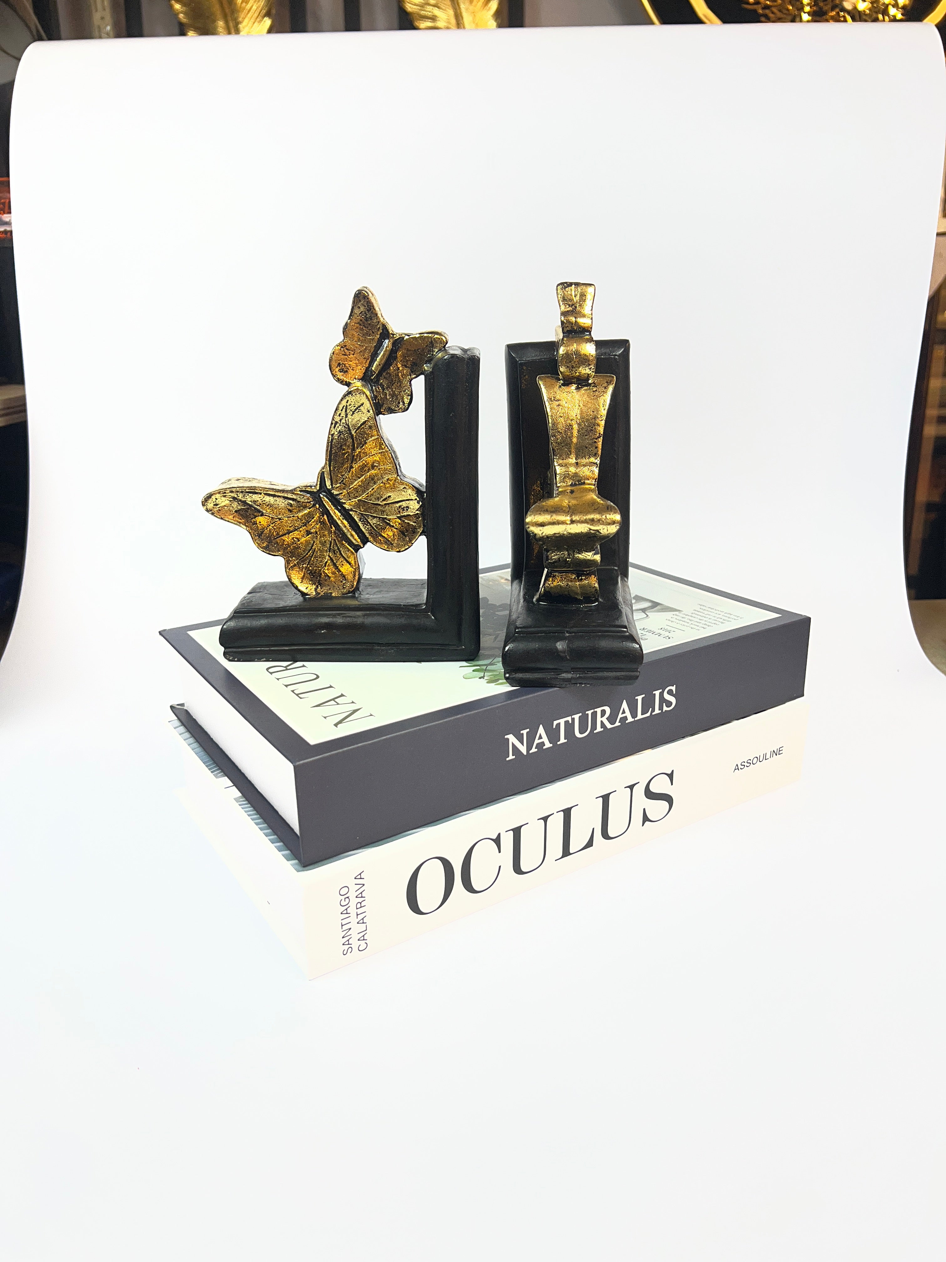 Gilded Butterfly Bookends - Elegant Black &amp; Gold Fiber Decor Set