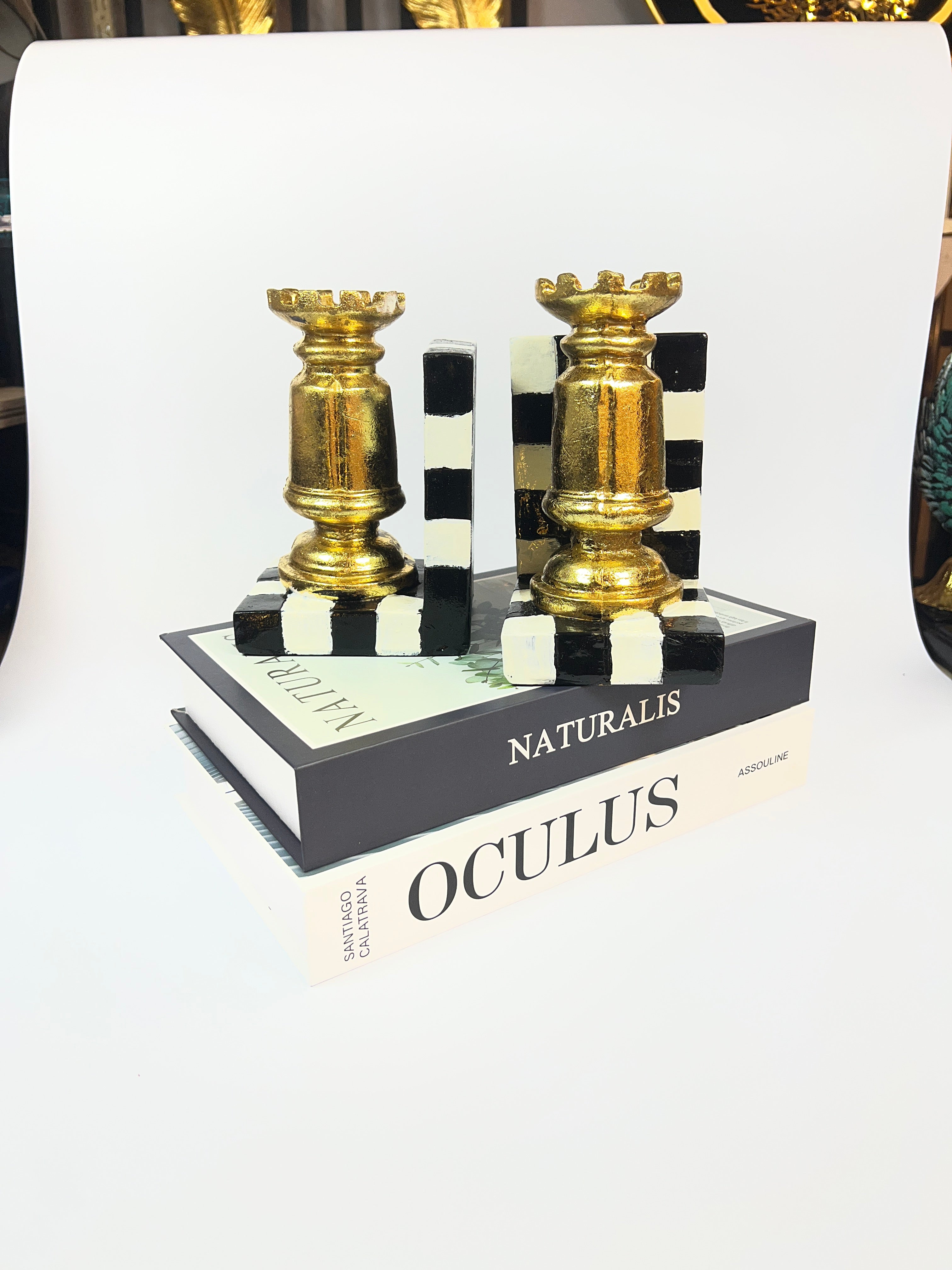 Gilded Rook Chess Piece Bookends - Decorative Fiber Set