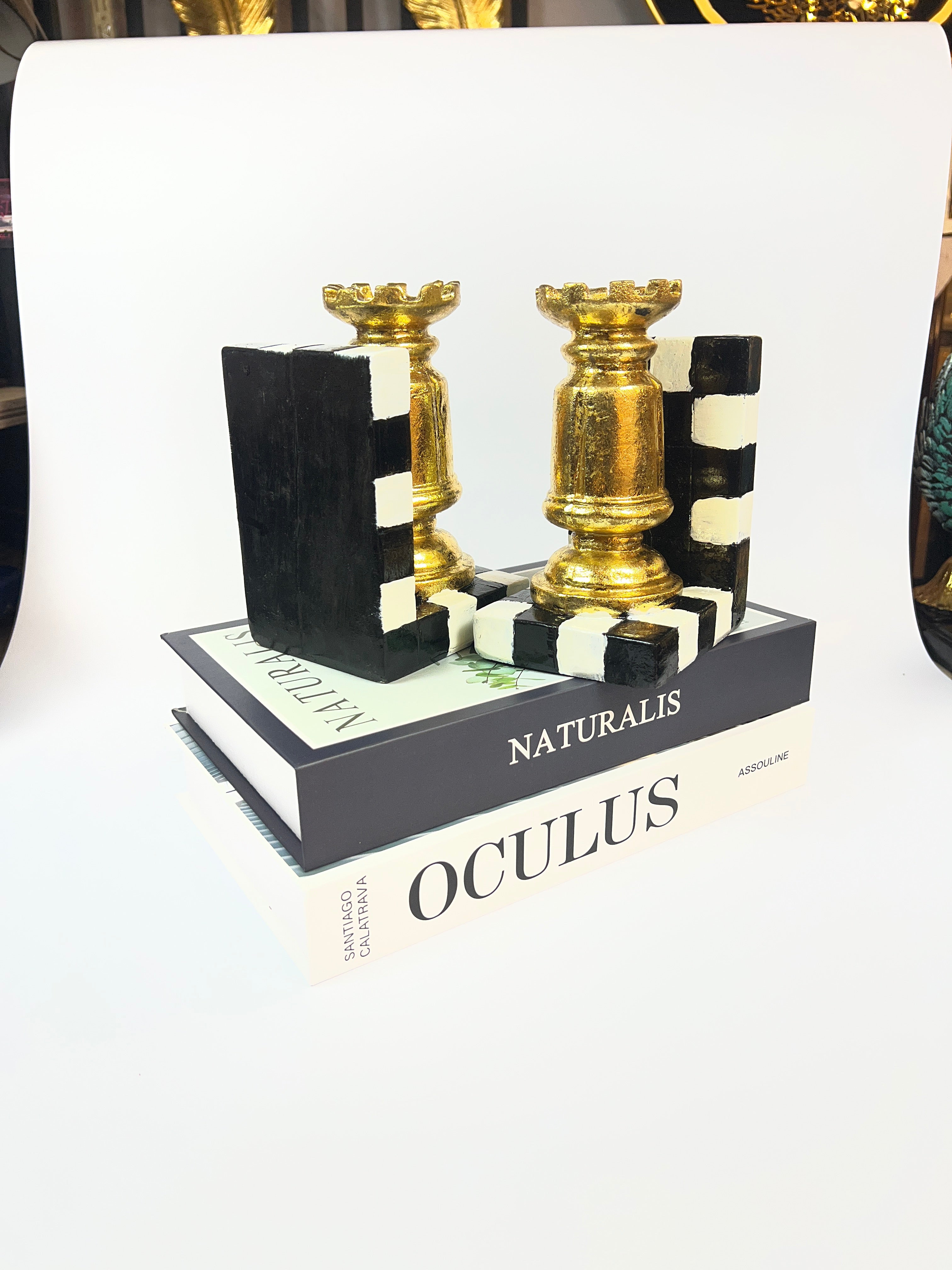 Gilded Rook Chess Piece Bookends - Decorative Fiber Set