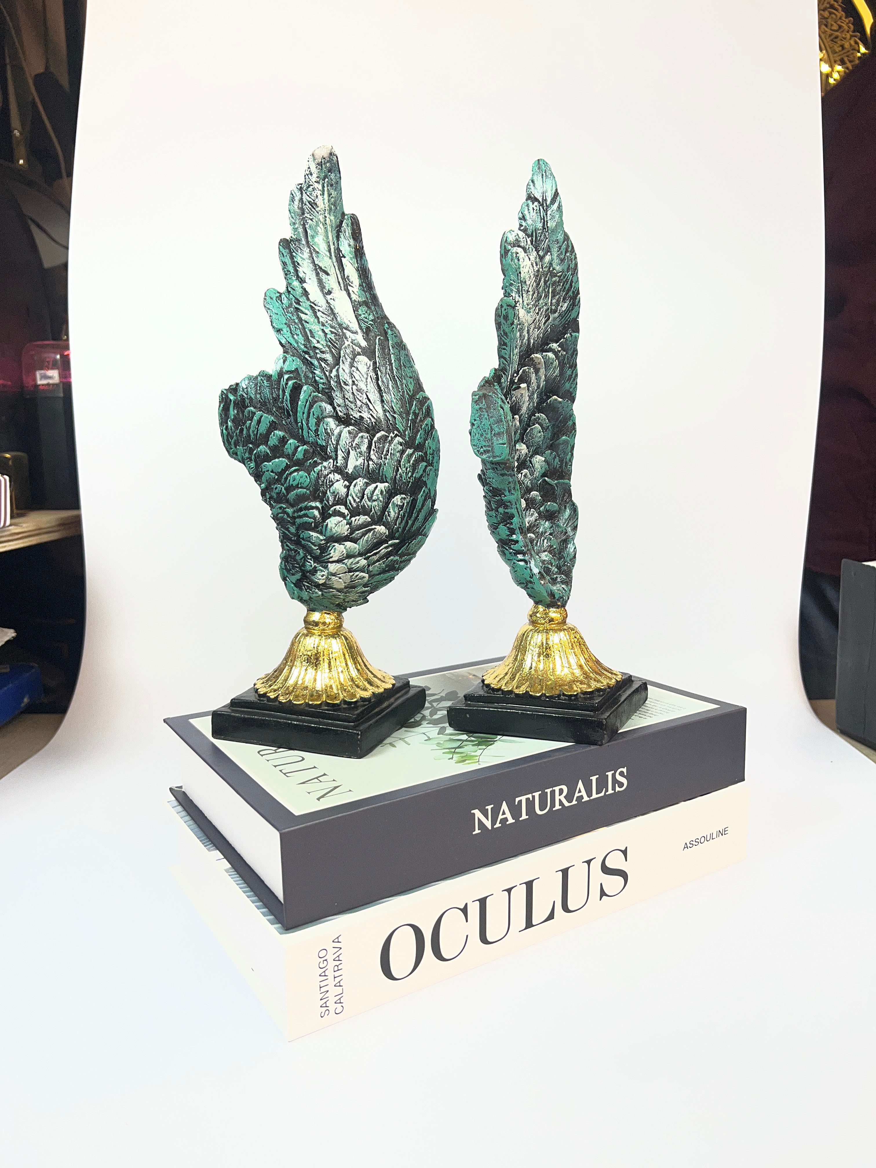 Gilded Angel Wings Bookends - Patina Fiber Decor Set