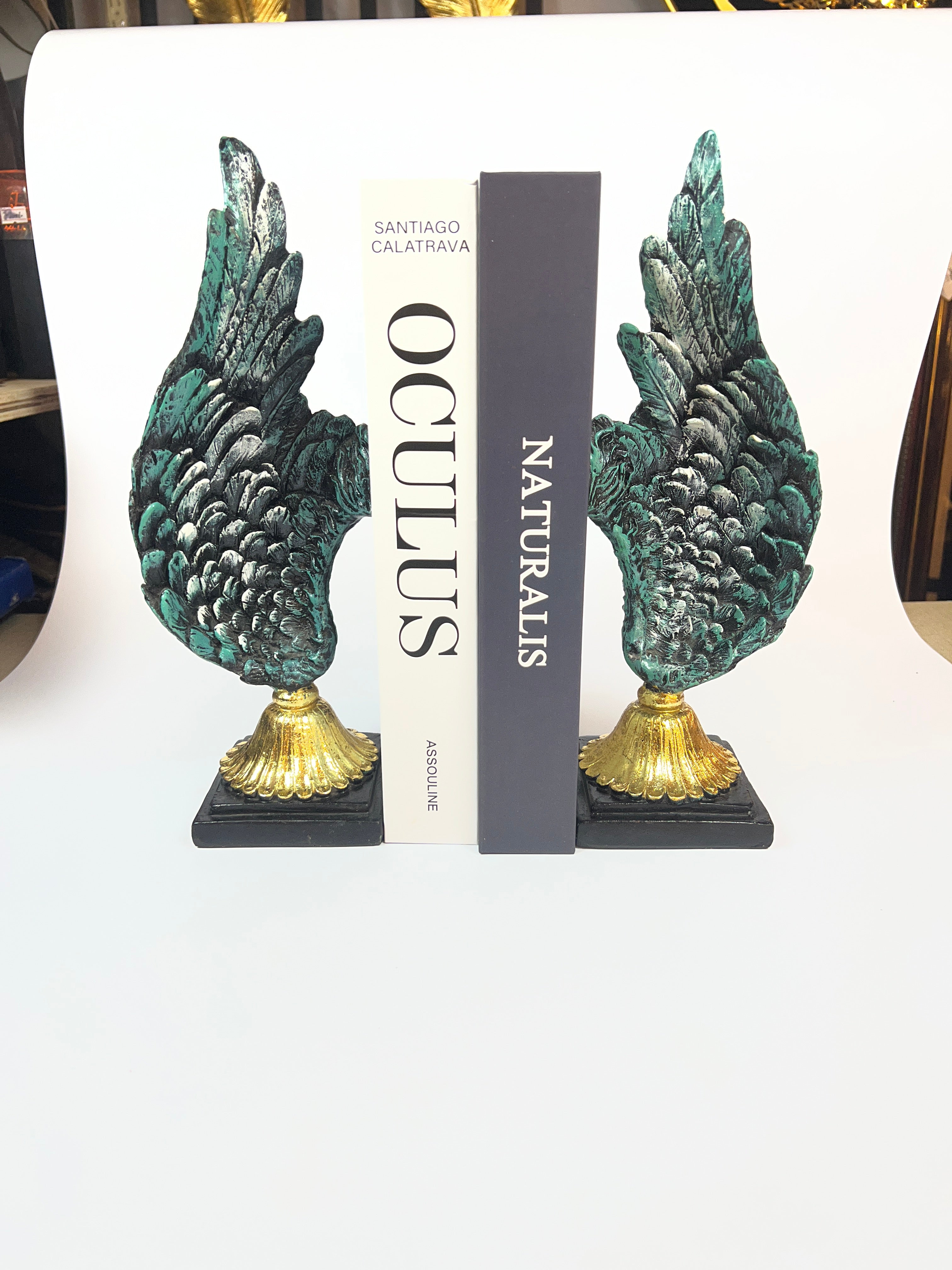 Gilded Angel Wings Bookends - Patina Fiber Decor Set
