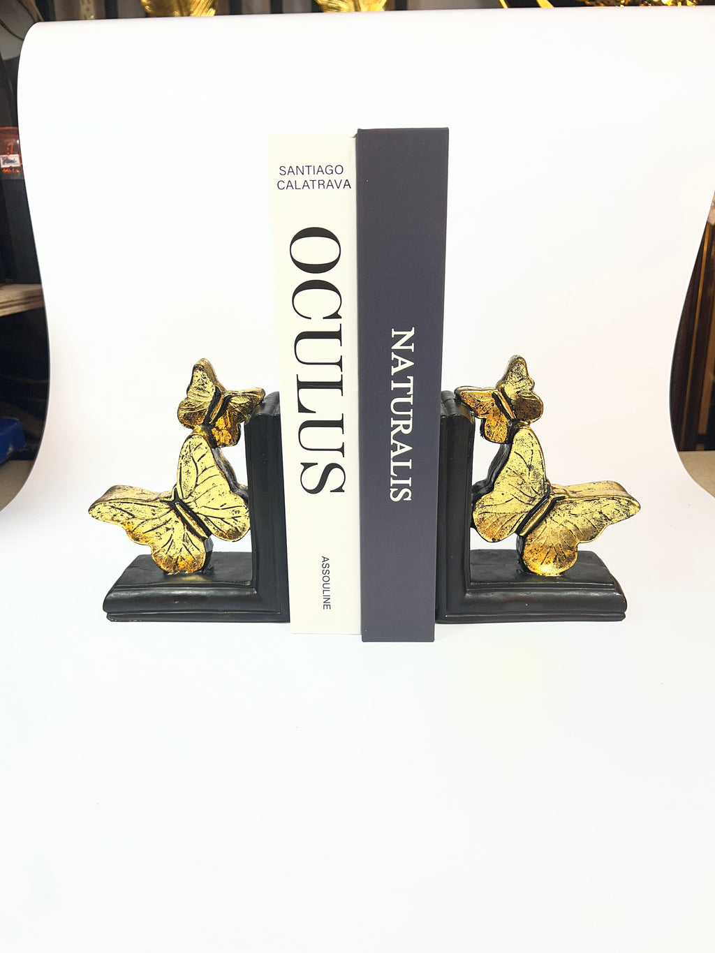 Gilded Butterfly Bookends - Elegant Black &amp; Gold Fiber Decor Set