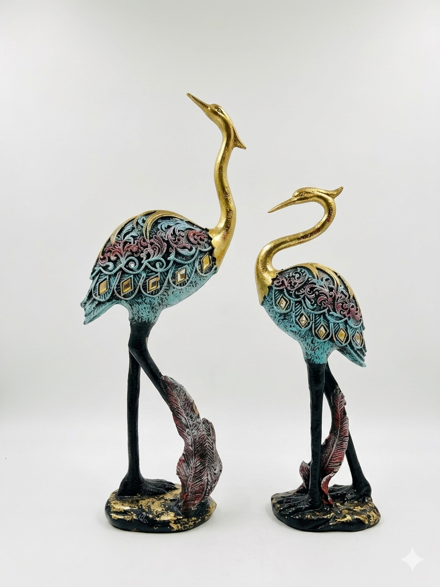 Elegant Golden Crane Couple Decorative Showpiece – Pair of Sculptures for Home Décor