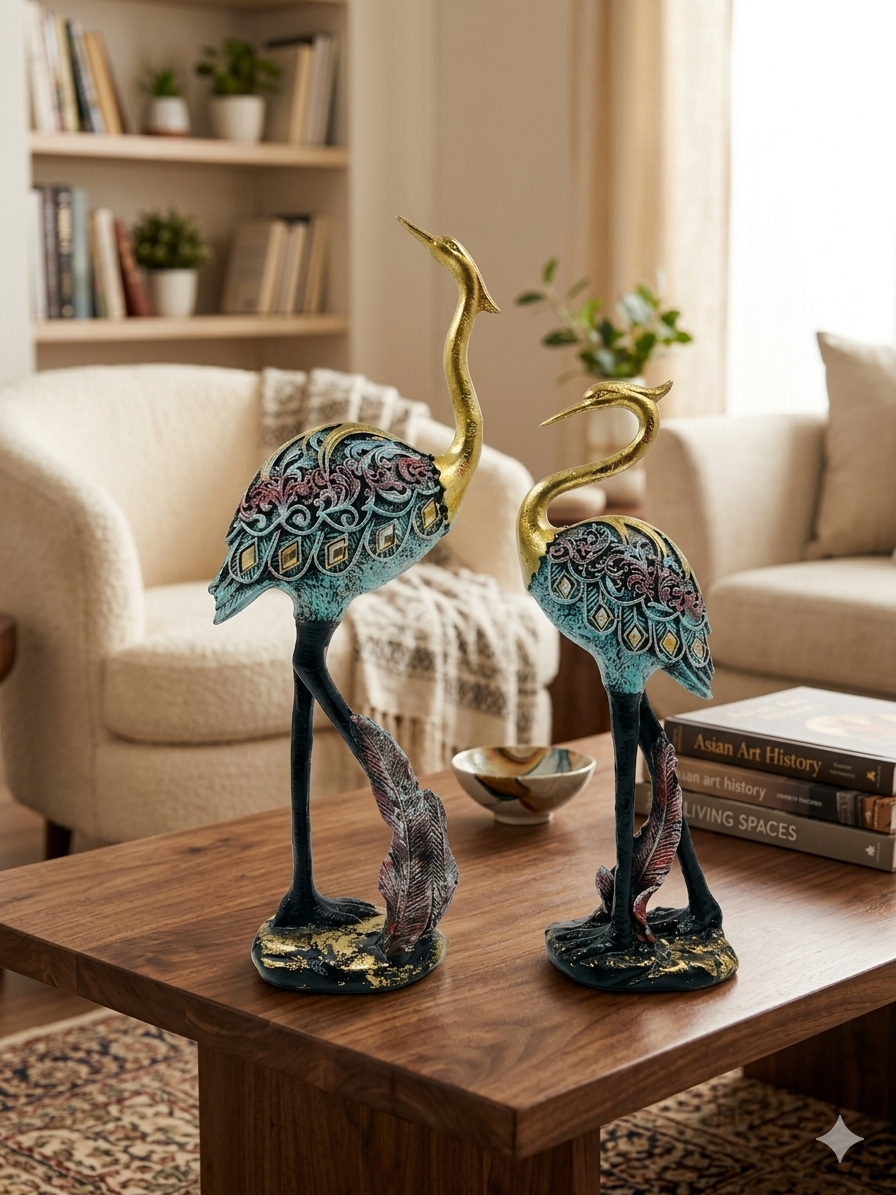 Elegant Golden Crane Couple Decorative Showpiece – Pair of Sculptures for Home Décor