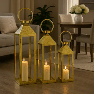 Luxury Gold Decorative Lantern Set (3 Pieces) – Modern Glass & Metal Candle Holders