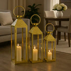 Luxury Gold Decorative Lantern Set (3 Pieces) – Modern Glass & Metal Candle Holders