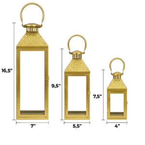 Luxury Gold Decorative Lantern Set (3 Pieces) – Modern Glass & Metal Candle Holders