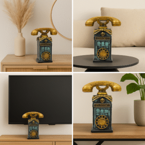 Vintage Golden Telephone Figurine – Decorative Fiber Table Ornament